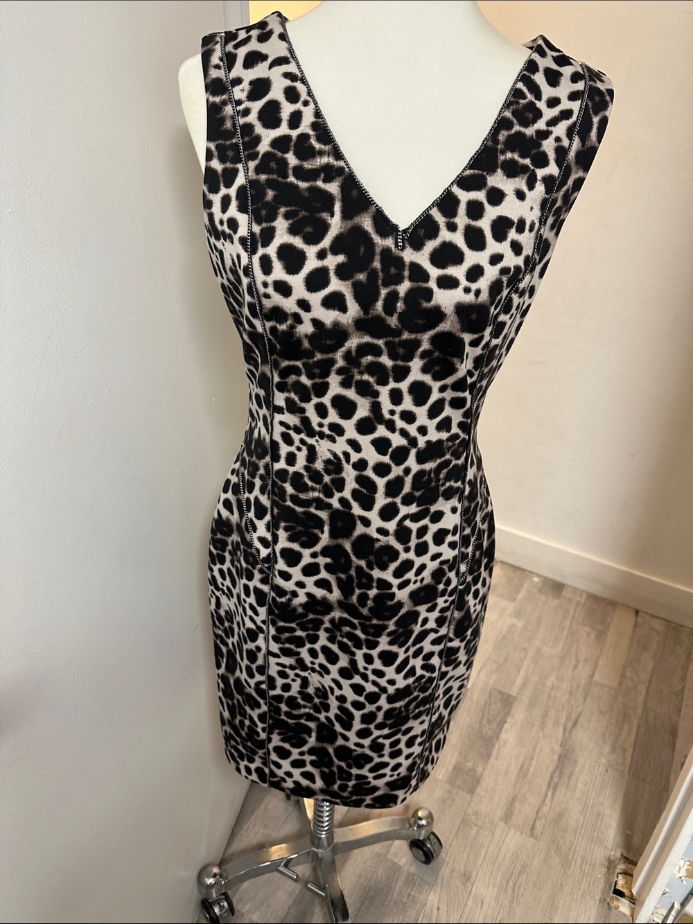 Jennifer Lopez Black and White Leopard Print Sheath Mini Dress